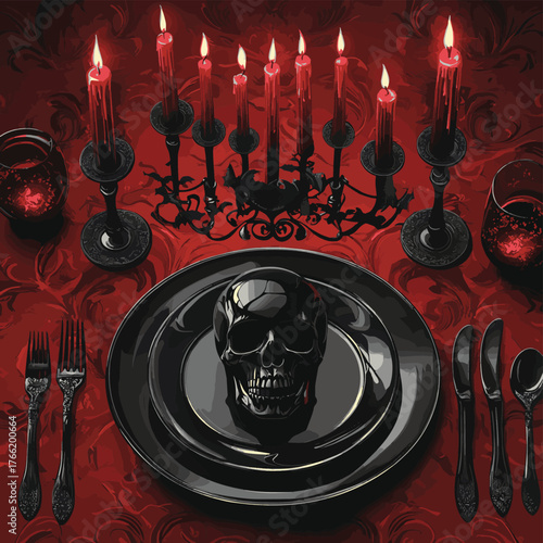 A gothic dinner table setting with a black skull centerpiece, red candles, and black tableware for a Halloween celebration.   , vector style simple color
