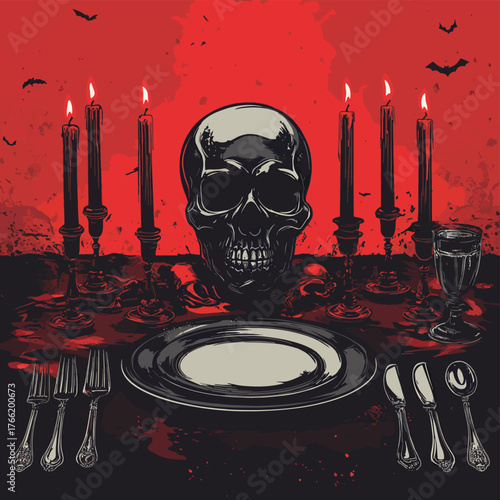 A gothic dinner table setting with a black skull centerpiece, red candles, and black tableware for a Halloween celebration.   , vector style simple color