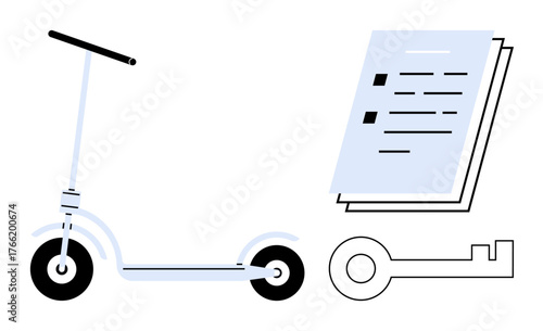 Electric scooter next to a signed document and key, symbolizing accessibility, rental services, legal agreements, eco-friendly mobility, urban commuting, security, and modern transport in a simple