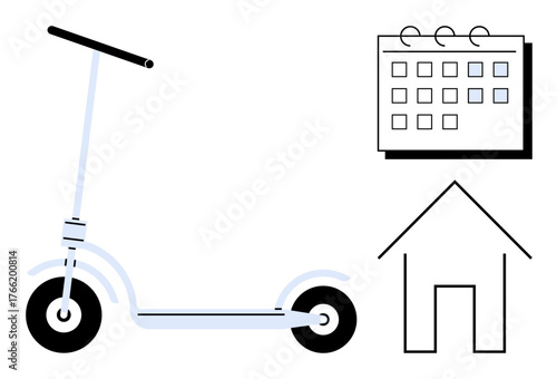 Minimalist scooter, calendar, and house outline suggesting mobility, scheduling, routine, sustainability, urban commuting, work-life balance and personal organization. Ideal for eco-travel time