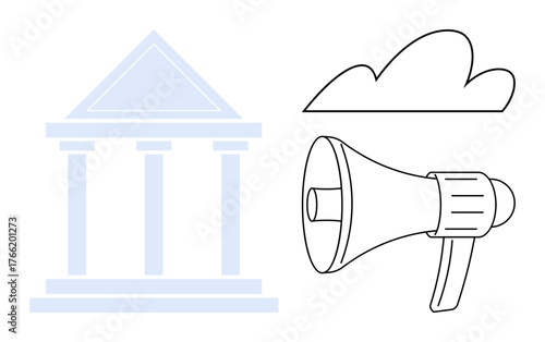 Government building with columns, megaphone, and cloud suggesting public communication, civic action, information dissemination, and advocacy. Ideal for governance, policy, education