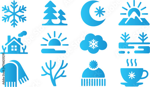 Blue winter themed icons including snow and cozy elements set