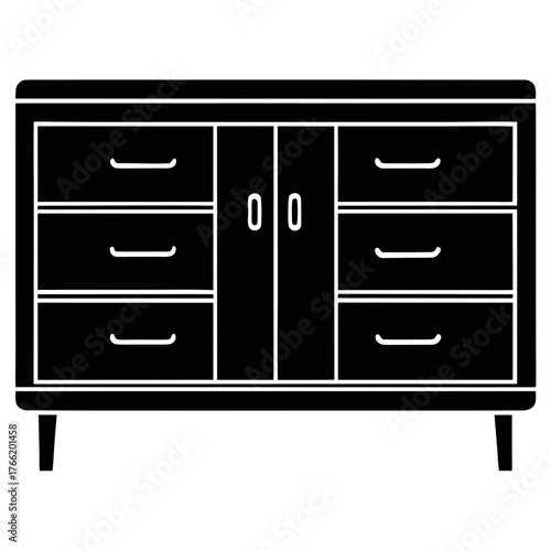 Modern black sideboard silhouette with multiple drawers and doors