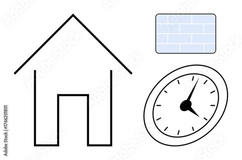 Outline of a house, analog clock, and brick wall grid. Ideal for home planning, punctuality, stability, construction, simplicity order and lifestyle. Simple flat metaphor