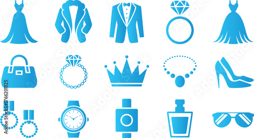 Blue icons of fashion items including clothing and accessories