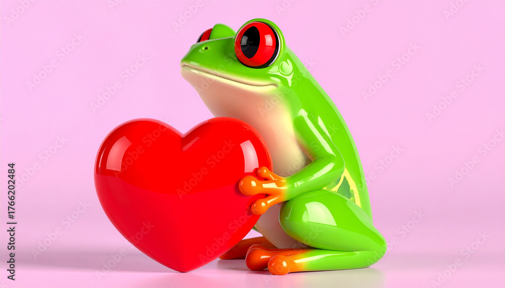 Fototapeta premium Frog's Heartfelt Embrace: A vibrant tree frog tenderly clutches a plush red heart against a soft pink backdrop, conveying warmth and affection. 