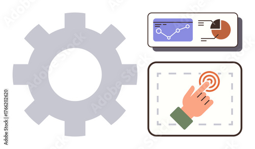 Large gear icon, analytical dashboard with graphs, and hand tapping a touchscreen interface. Ideal for business strategy, technology, innovation, operations, workflow, productivity simple flat