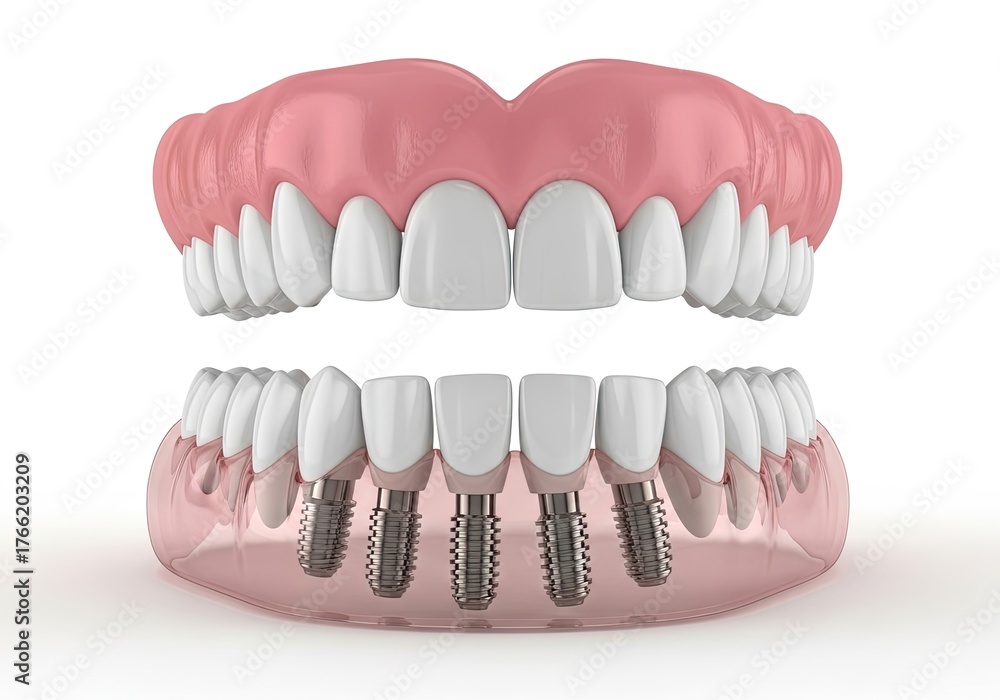 Fototapeta premium Denture Model with Dental Implants on White Background, Prosthetic Teeth, Artificial Gums