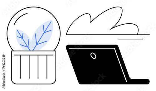 Potted plant in a glass dome beside a laptop, symbolizing eco-technology and digital harmony. Ideal for sustainability, green innovation, remote work, eco-design, technology solutions, environmental