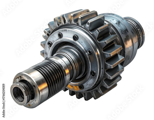 Metal mechanical component featuring gears and a threaded shaft, illuminated against a dark background