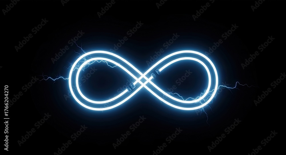 Fototapeta premium Glowing Infinity Sign with Electric Arcs on a Black Background, Energetic Symbol