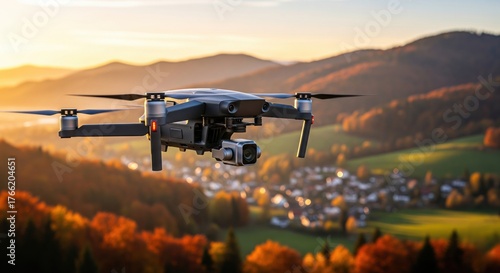 Wallpaper Mural A professional camera drone flying over a village in an autumn valley at sunset Torontodigital.ca