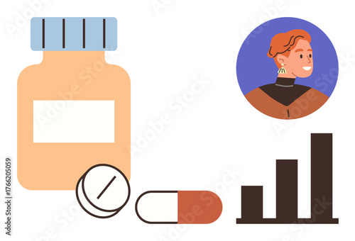 Medicine container, pills, capsule, smiling person avatar, bar chart illustrating health, wellness, and treatment analysis. Ideal for healthcare, recovery diagnostics data lifestyle progress