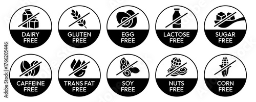 Set allergen free icons set. Allergen free products. Products warning symbols. Lactose, gluten, sugar free, corn, egg, trans fat, soy, nuts free, caffeine sign.