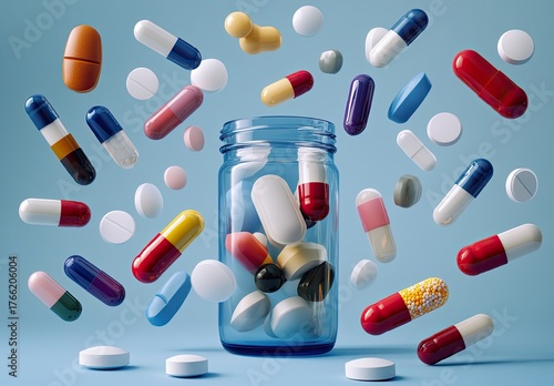 Assorted pills float around a blue glass bottle