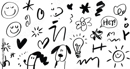 Doodle elements happy faces hearts lightbulb dog hand drawn