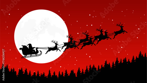 Santa Claus in his sleigh pulled by reindeer flies across the night sky with a full moon and forest below.
