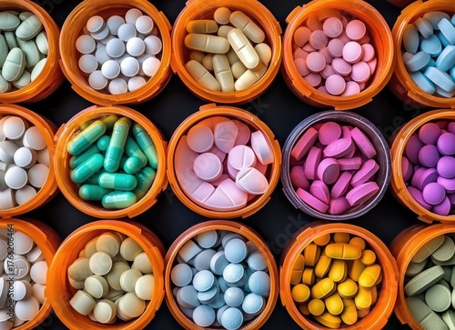 Assorted pills in orange bottles, overhead shot