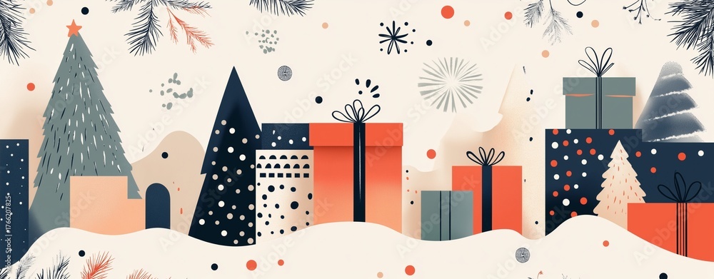 © Pimonpun - Minimal Christmas Gift Wrapping Flatlay with abstract shapes, paper cutouts, and muted color palette, flat design vector art