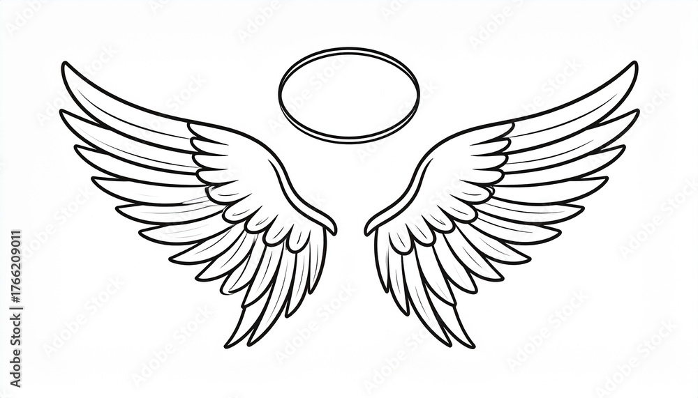 Obraz premium Angel Wings and Halo Outline Vector Illustration, Divine Symbol of Purity and Spirituality, Heavenly Design Element for Graphic Projects