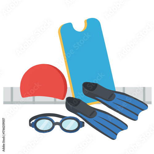 Essential swimming accessories, including a bright blue kickboard, red swim cap, goggles, and flippers, are neatly arranged next to the pool edge in a vibrant 2D flat vector illustration.