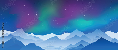 Winter landscape with polar lights, night starry sky, mountain landscape, vector illustration