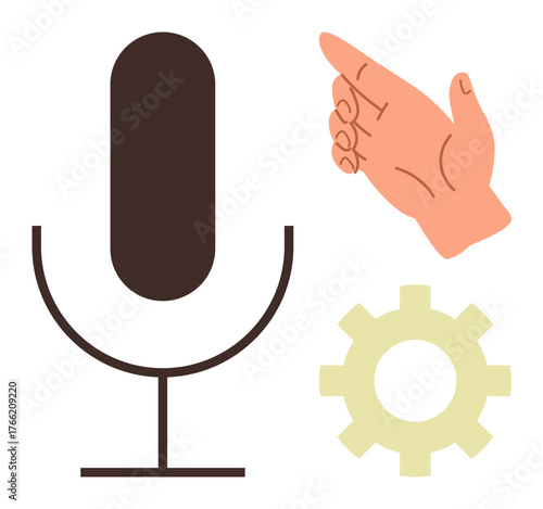 Microphone, pointing hand symbolizing gesture control, and gear representing automation or settings. Ideal for voice interaction, tech, AI, automation, innovation communication and simplicity. A