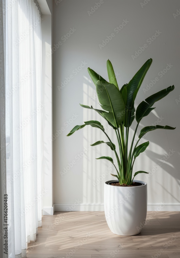 Fototapeta premium A dramatic indoor structural plant in a modern white pot, perfectly placed within a bright minimalist architectural interior setting ,architectural ,planning ,office