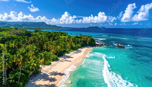 Fototapeta Naklejka Na Ścianę i Meble -  Tropical Island Paradise Aerial View With Lush Green Palm Trees White Sand Beach and Turquoise Ocean Waves Under a Clear Blue Sky