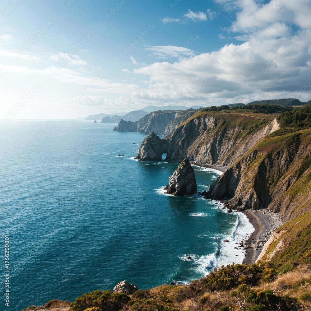 Fototapeta premium Dramatic coastal vista featuring rugged towering cliffs overlooking the deep blue ocean water under a vast summer sky ,formation ,seascape ,remote