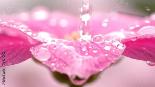 Extreme slow motion close-up of glistening water drops falling and cascading onto the delicate petals of a fresh flower, creating beautiful reflections freshness, bloom, beautiful