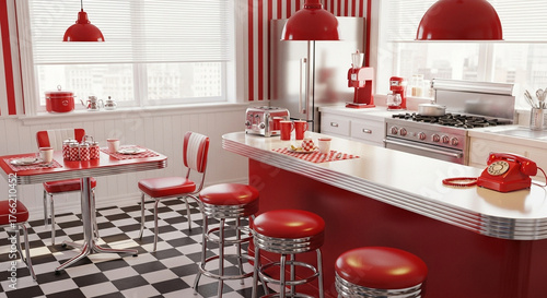 Retro Red Diner Kitchen with Chrome Accents and Black and White Floor image photo