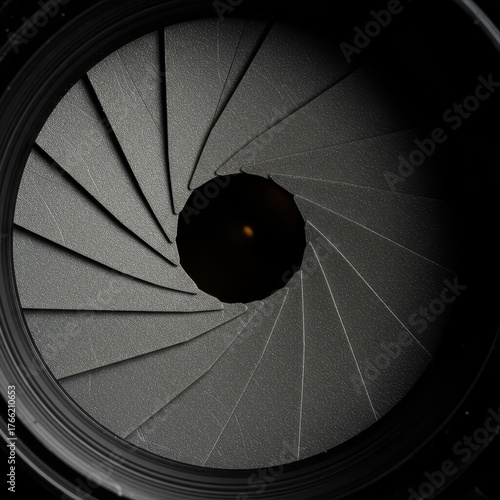 Extreme close up of the diaphragm blades forming the aperture opening in a camera lens mechanism, illustrating the technical function ,technical ,setting ,mechanism