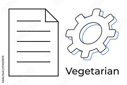 Paper document with lines beside a gear mechanism labeled Vegetarian conveys process, choice, or concept. Ideal for sustainability, planning, health, workflow, preferences, ecology simple flat