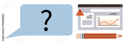 Question mark inside speech bubble with data dashboard showing graph, warning icon, and pencil. Ideal for decision-making, problem-solving, analytics, doubt, risk communication research. Simple