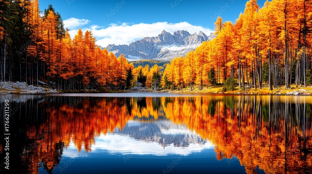 Naklejka premium Vibrant autumn reflections dolomites nature photography scenic lake tranquil viewpoint natural beauty