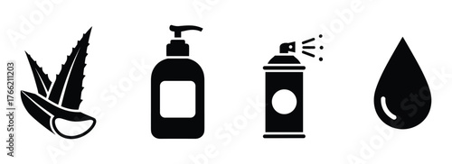 Aloe vera plant with skincare and cosmetic product icons set