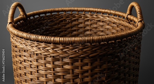 Close up of a large, empty woven wicker basket showcasing intricate natural textures and handcrafted details perfect for storage or rustic decor ,handmade ,decor ,eco