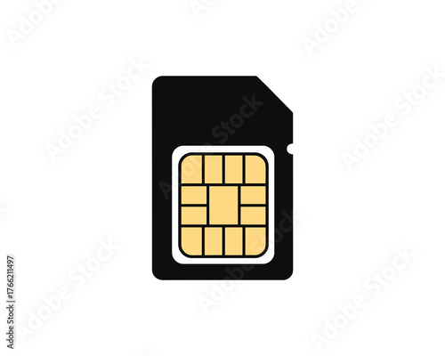 Black SIM card icon, mobile cellular phone micro chip, flat vector design illustration