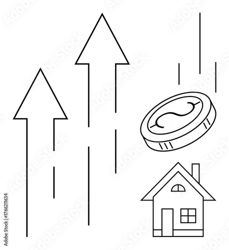 Coin and upward arrows beside a house represent increasing real estate values, market growth, and financial investment. Ideal for finance, economy, real estate, investment, success, wealth growth