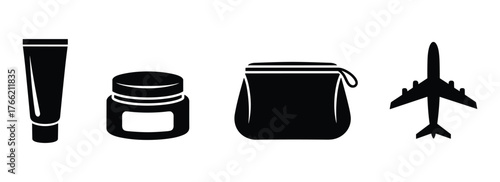 Cosmetic travel size icons for creams, toiletry bag and airplane, travel beauty products for flight