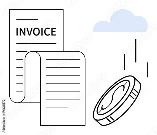 Invoice paper with detailed lines, coin symbolizing finances, and rain-thumbs up marks under a cloud. Ideal for accounting, billing, transactions, payments, expenses bookkeeping budgeting. Simple
