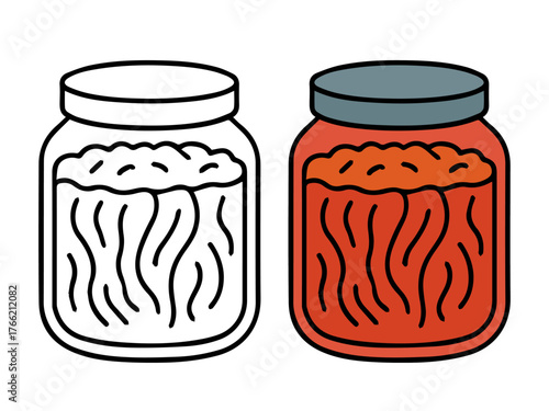 Glass jar filled with kimchi, shown in outline and colored versions, perfect for food, fermenting, or Korean cuisine-themed coloring pages.