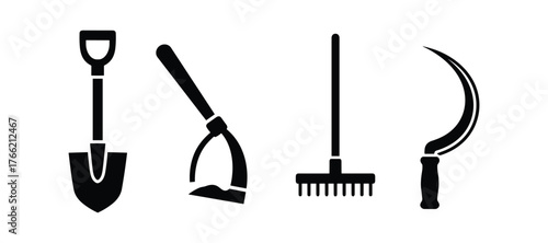 Farm Hand Tools Set Shovel Hoe Rake Sickle Agricultural Equipment Icons