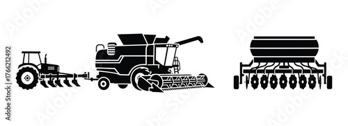 Farm machinery icons set showing tractor plow combine harvester and planter agricultural equipment