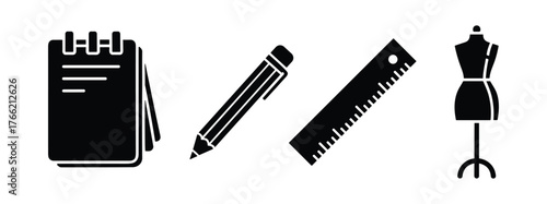 Fashion and design tools set. Notebook pencil ruler and mannequin
