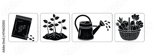 Gardening and Cultivation Process Icons Set Seeds Seedlings Watering Harvesting Vegetables