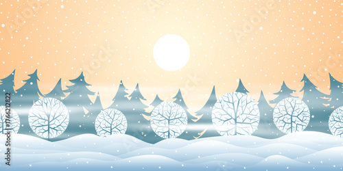 Winter evening landscape, mountain view, forest and snowfall, setting sun, cartoon nature, vector illustration