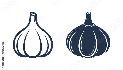Garlic bulb outline and solid icons for cooking ingredient or herbal medicine