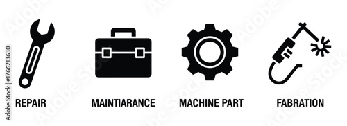 Maintenance And Fabrication Icons Including Wrench, Toolbox, Gear, And Welding Torch
